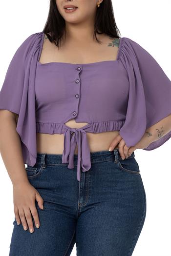 Büyük Beden Geniş Kollu Beli Lastik ve Büzgülü Crop Lila Bluz