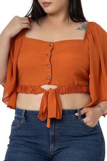 Büyük Beden Geniş Kollu Beli Lastik ve Büzgülü Crop Kiremit Bluz