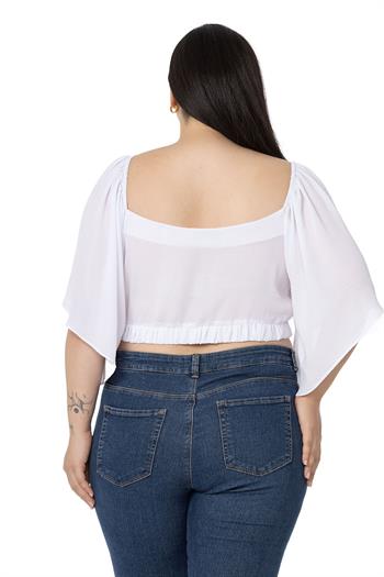 Büyük Beden Geniş Kollu Beli Lastik ve Büzgülü Crop Beyaz Bluz