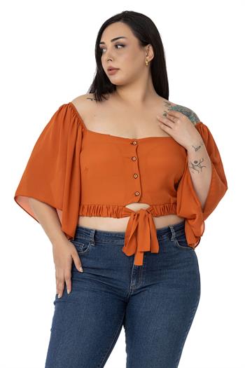 Büyük Beden Geniş Kollu Beli Lastik ve Büzgülü Crop Kiremit Bluz