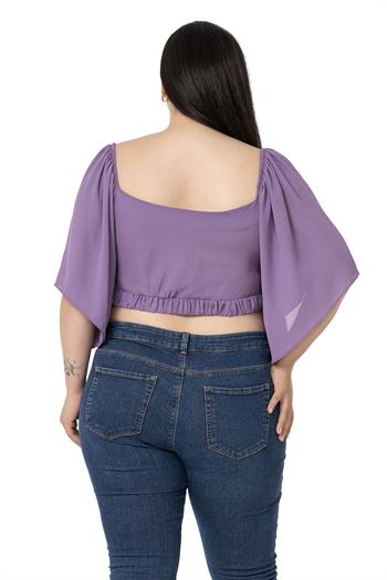 Büyük Beden Geniş Kollu Beli Lastik ve Büzgülü Crop Lila Bluz