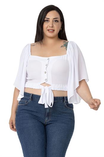 Büyük Beden Geniş Kollu Beli Lastik ve Büzgülü Crop Beyaz Bluz