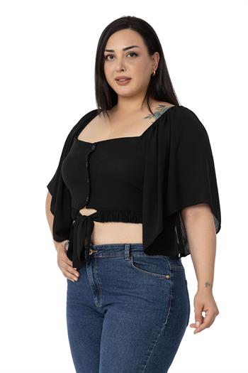 Büyük Beden Geniş Kollu Beli Lastik ve Büzgülü Crop Siyah Bluz