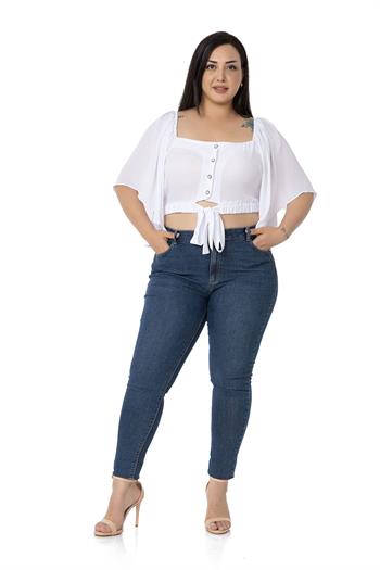 Büyük Beden Geniş Kollu Beli Lastik ve Büzgülü Crop Beyaz Bluz