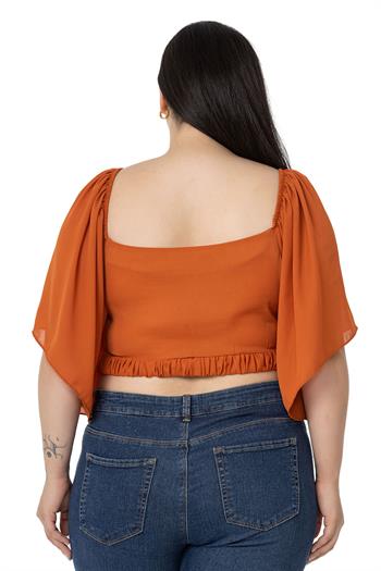 Büyük Beden Geniş Kollu Beli Lastik ve Büzgülü Crop Kiremit Bluz