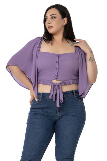 Büyük Beden Geniş Kollu Beli Lastik ve Büzgülü Crop Lila Bluz