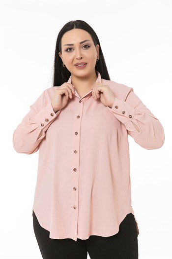 Büyük Beden Geniş Manşetli Arkası Yırtmaç ve Bağcık Detaylı Pembe Gömlek