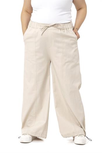 Plus Size Wide Leg Tie Detailed Gabardine Beige Trousers