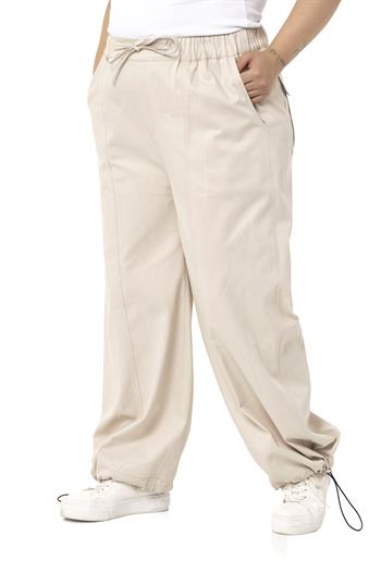 Plus Size Wide Leg Tie Detailed Gabardine Beige Trousers