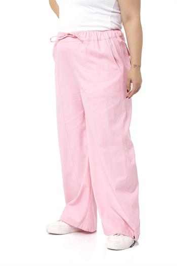 Büyük Beden Geniş Paça Bağlama Detaylı Gabardin Pembe Pantolon