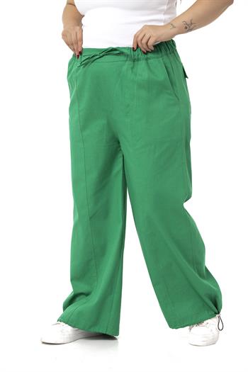 Plus Size Wide Leg Tie Detailed Gabardine Green Trousers