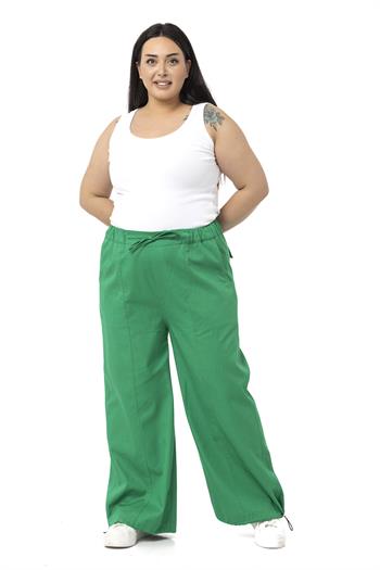 Plus Size Wide Leg Tie Detailed Gabardine Green Trousers