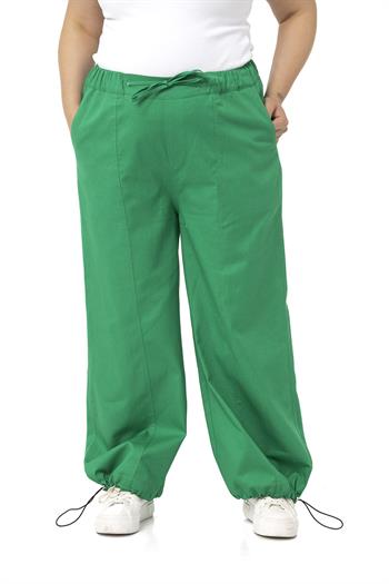 Plus Size Wide Leg Tie Detailed Gabardine Green Trousers