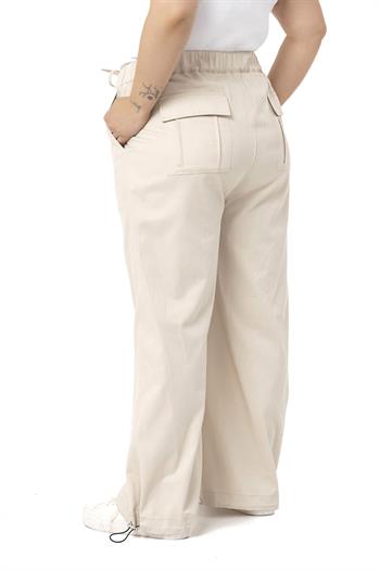 Plus Size Wide Leg Tie Detailed Gabardine Beige Trousers