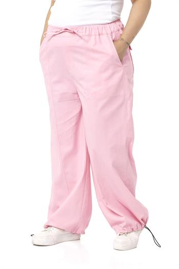 Büyük Beden Geniş Paça Bağlama Detaylı Gabardin Pembe Pantolon