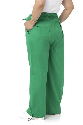 Plus Size Wide Leg Tie Detailed Gabardine Green Trousers