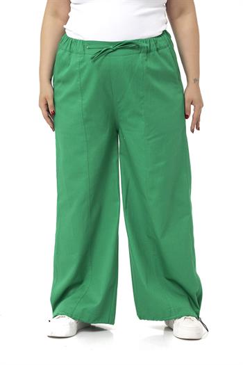 Plus Size Wide Leg Tie Detailed Gabardine Green Trousers