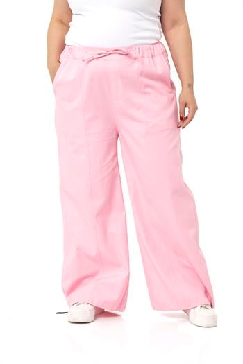 Büyük Beden Geniş Paça Bağlama Detaylı Gabardin Pembe Pantolon