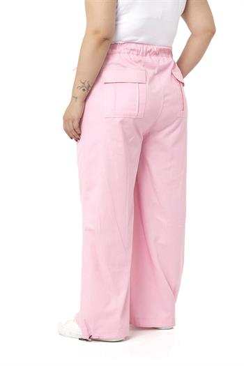 Büyük Beden Geniş Paça Bağlama Detaylı Gabardin Pembe Pantolon