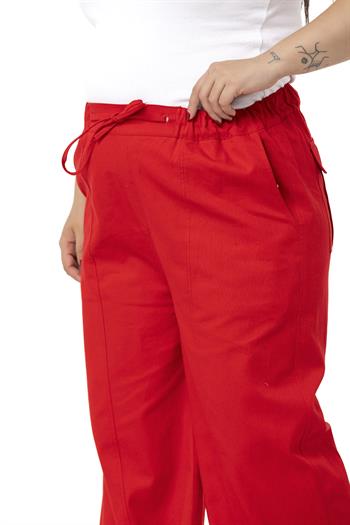 Büyük Beden Geniş Paça Bağlama Detaylı Gabardin Kırmızı Pantolon