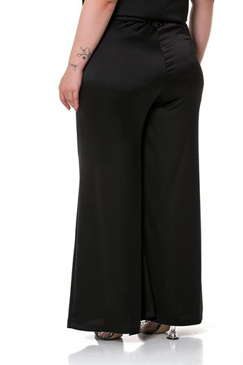 Plus Size Wide Leg Satin Black Trousers with Elastic Waist Back