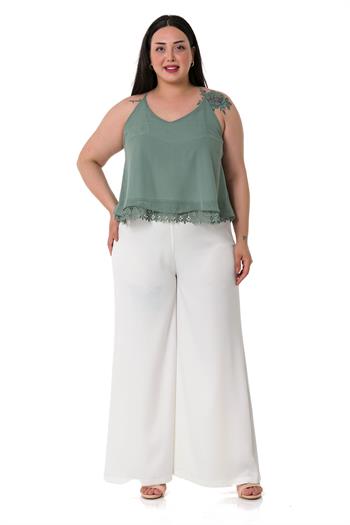 Plus Size Wide Leg Satin White Trousers with Elastic Waist Back