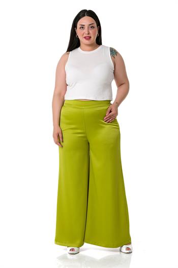 Plus Size Wide Leg Satin Pistachio Trousers with Elastic Waist Back