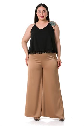 Plus Size Wide Leg Satin Mink Trousers with Elastic Waist Back
