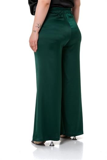 Plus Size Wide Leg Satin Emerald Trousers with Elastic Waist Back