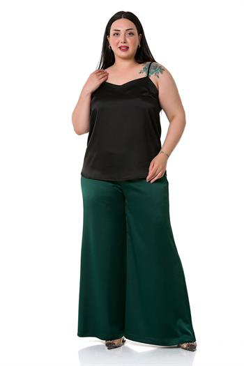 Plus Size Wide Leg Satin Emerald Trousers with Elastic Waist Back