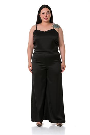 Plus Size Wide Leg Satin Black Trousers with Elastic Waist Back