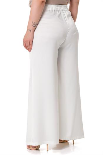 Plus Size Wide Leg Satin White Trousers with Elastic Waist Back