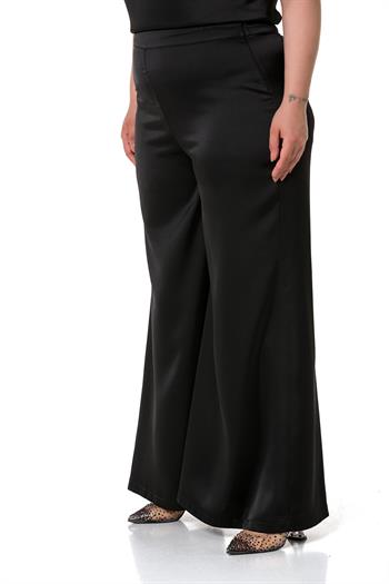 Plus Size Wide Leg Satin Black Trousers with Elastic Waist Back