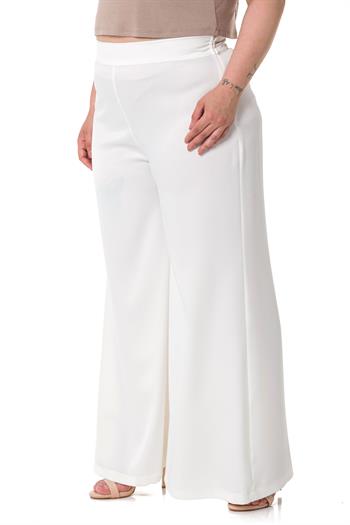 Plus Size Wide Leg Satin White Trousers with Elastic Waist Back