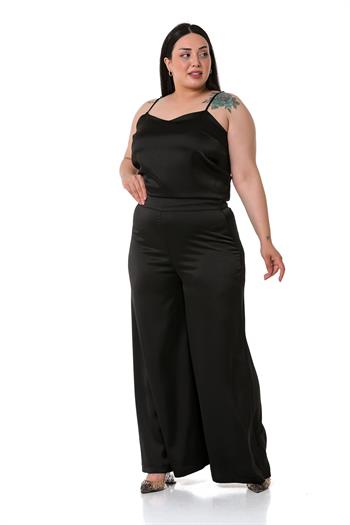 Plus Size Wide Leg Satin Black Trousers with Elastic Waist Back
