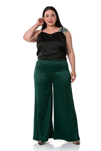 Plus Size Wide Leg Satin Emerald Trousers with Elastic Waist Back