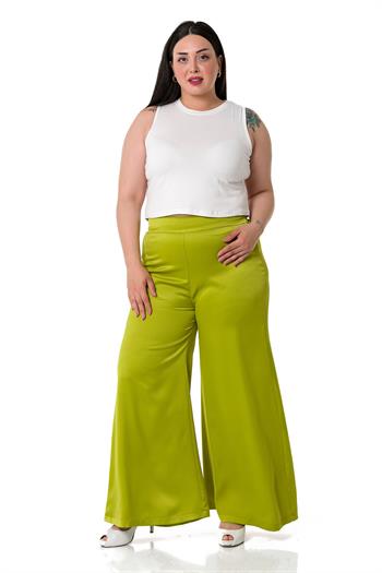Plus Size Wide Leg Satin Pistachio Trousers with Elastic Waist Back