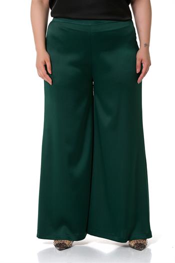 Plus Size Wide Leg Satin Emerald Trousers with Elastic Waist Back