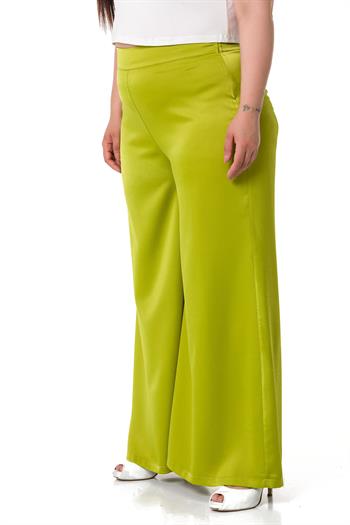 Plus Size Wide Leg Satin Pistachio Trousers with Elastic Waist Back
