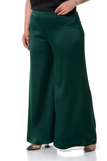 Plus Size Wide Leg Satin Emerald Trousers with Elastic Waist Back
