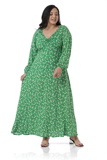 Büyük Beden Göğsü Düğüm Detaylı Sırtı ve Kol Ağzı Lastikli Küçük Çiçekli Fermuarlı Yeşil Uzun Elbise