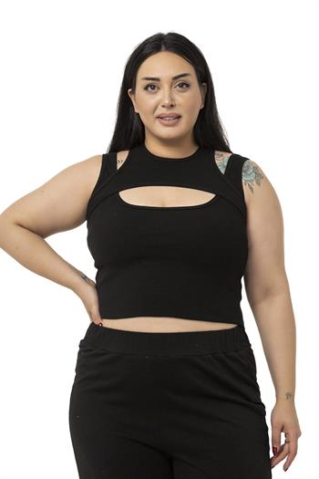 Büyük Beden Göğüs Dekolteli Fitilli Kaşkorse Siyah Body