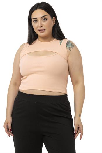 Büyük Beden Göğüs Dekolteli Fitilli Kaşkorse Somon Body