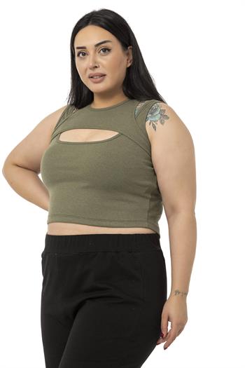 Büyük Beden Göğüs Dekolteli Fitilli Kaşkorse Haki Body