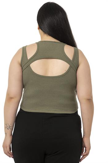 Büyük Beden Göğüs Dekolteli Fitilli Kaşkorse Haki Body
