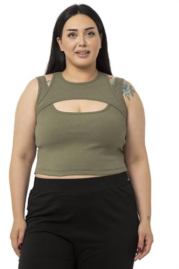 Büyük Beden Göğüs Dekolteli Fitilli Kaşkorse Haki Body