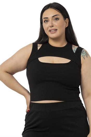 Büyük Beden Göğüs Dekolteli Fitilli Kaşkorse Siyah Body