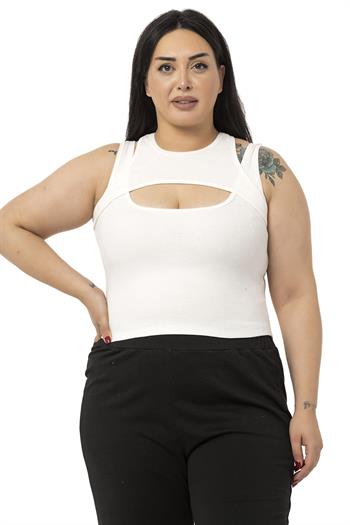 Büyük Beden Göğüs Dekolteli Fitilli Kaşkorse Ekru Body
