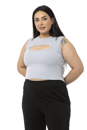 Büyük Beden Göğüs Dekolteli Fitilli Kaşkorse Gri Body