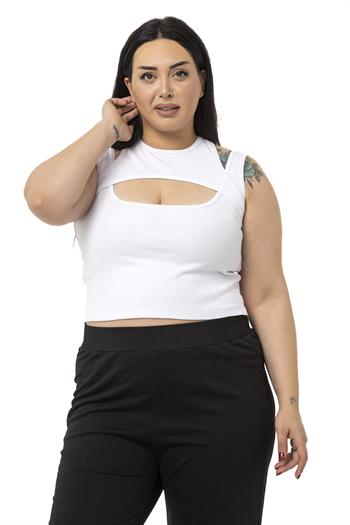 Büyük Beden Göğüs Dekolteli Fitilli Kaşkorse Beyaz Body